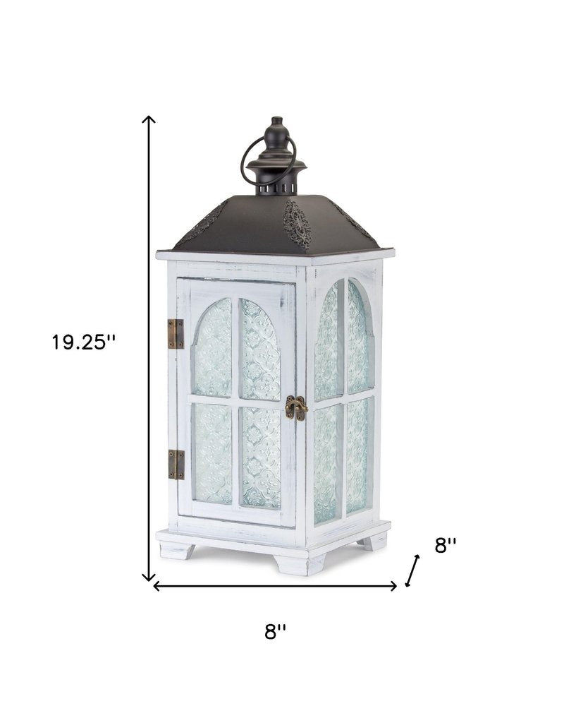 Set of Two White And Black Distressed Ornate Glass Wood And Metal Floor Lantern Candle Holders