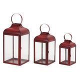 Set of Two Red Distressed Iron Floor Lantern Candle Holders