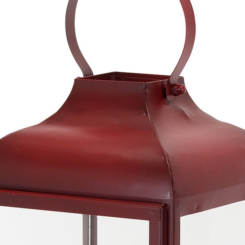 Set of Two Red Distressed Iron Floor Lantern Candle Holders