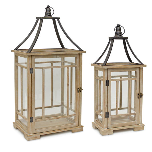 Set of Two Brown And Black Distressed Geometric Wood And Metal Tabletop Lantern Candle Holders