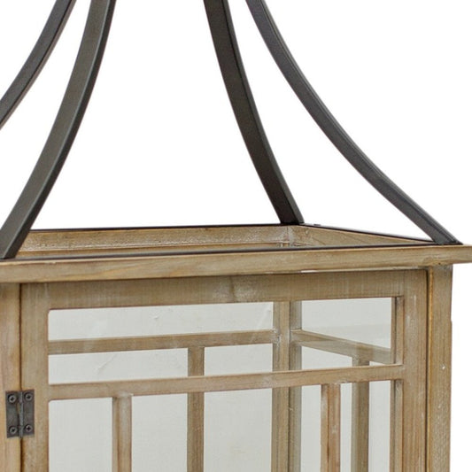 Set of Two Brown And Black Distressed Geometric Wood And Metal Tabletop Lantern Candle Holders