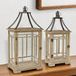 Set of Two Brown And Black Distressed Geometric Wood And Metal Tabletop Lantern Candle Holders