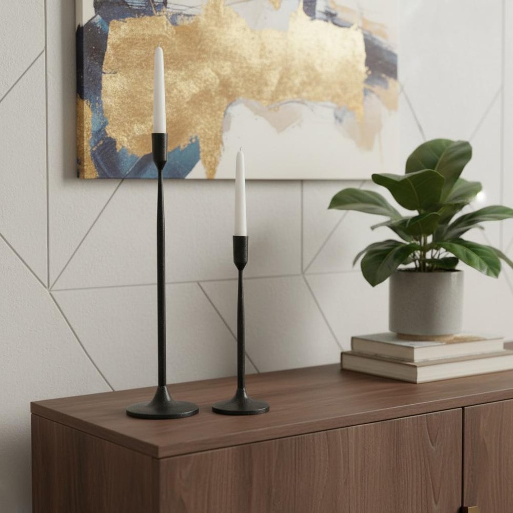 Set of Two Black Distressed Metal Tabletop Taper Candle Holders