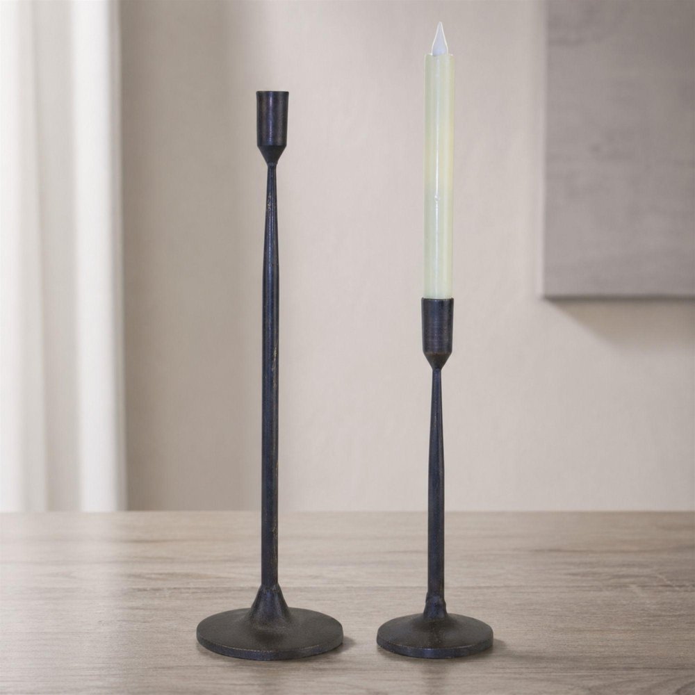 Set of Two Black Distressed Metal Tabletop Taper Candle Holders