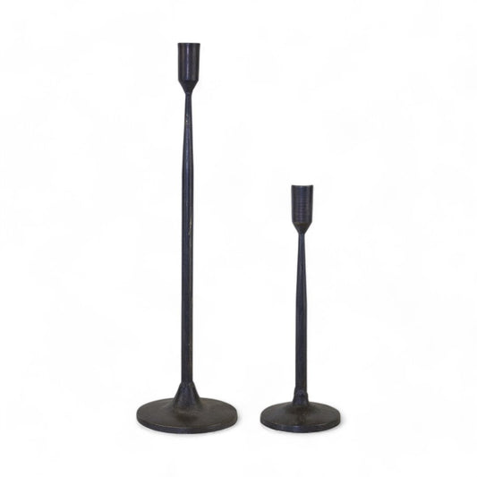 Set of Two Black Distressed Metal Tabletop Taper Candle Holders