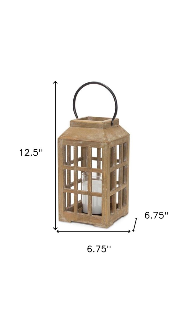 13" Natural Distressed Wood And Glass Centerpiece Lantern Candle Holder