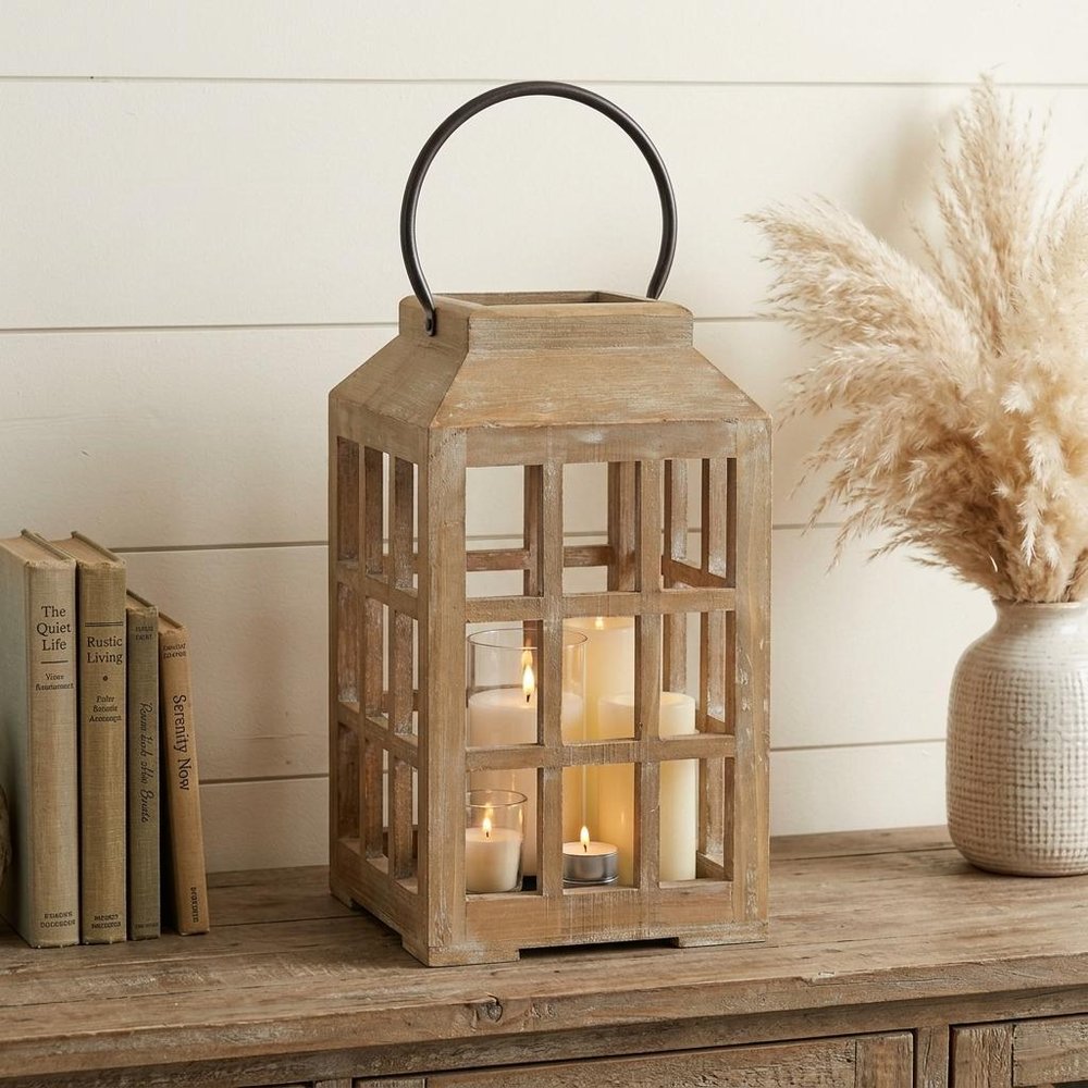 13" Natural Distressed Wood And Glass Centerpiece Lantern Candle Holder