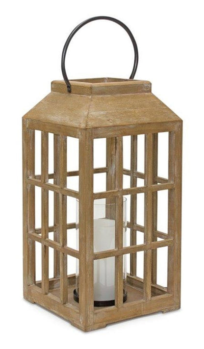 18" Natural Distressed Geometric Wood And Glass Centerpiece Lantern Candle Holder