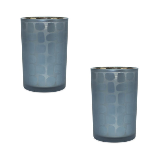 Set of Two Navy Blue Abstract Glass Tabletop Tealight Candle Holders