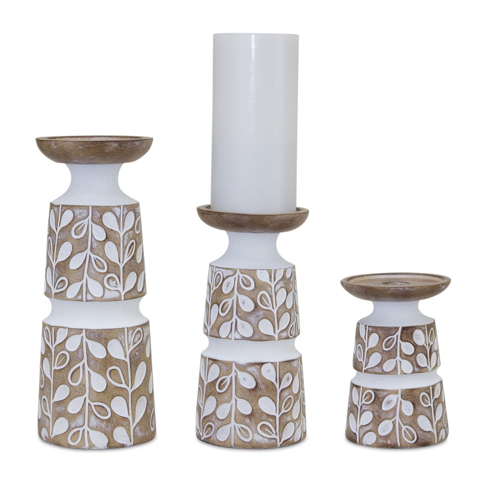 Set of Three Brown And White Botanical Leaf Stone Powder Tabletop Pillar Candle Holders