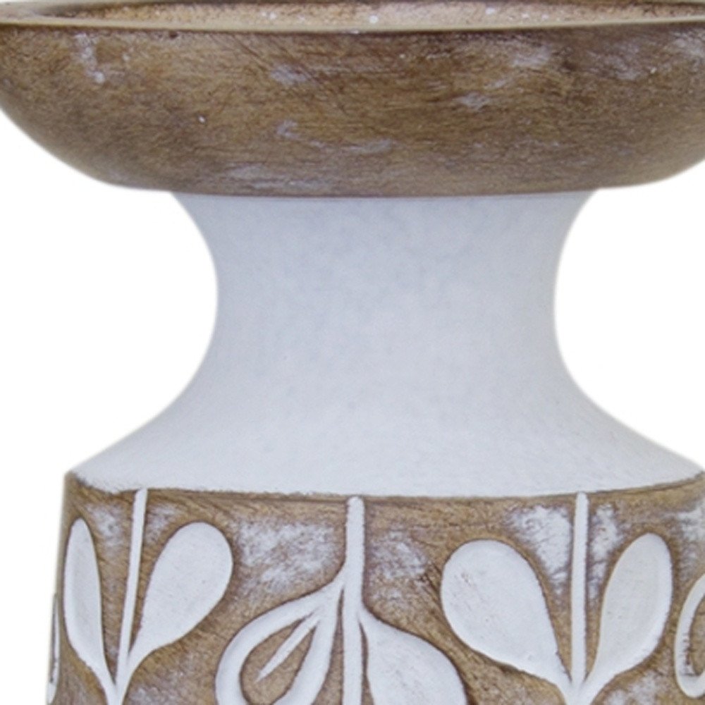 Set of Three Brown And White Botanical Leaf Stone Powder Tabletop Pillar Candle Holders