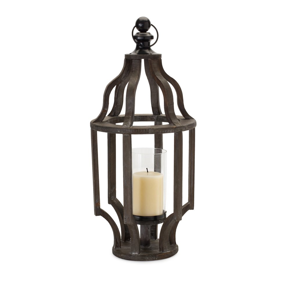 23" Black Geometric Wood And Glass Tabletop Lantern Candle Holder