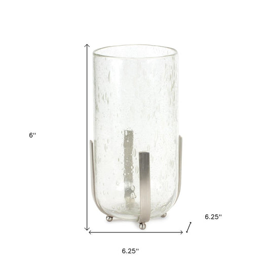 6" Silver And Clear Metal And Glass Tabletop Hurricane Candle Holder
