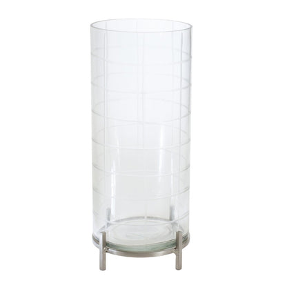 12" Silver And Clear Geometric Iron And Glass Tabletop Hurricane Candle Holder