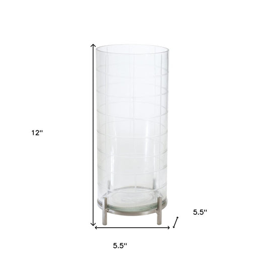 12" Silver And Clear Geometric Iron And Glass Tabletop Hurricane Candle Holder