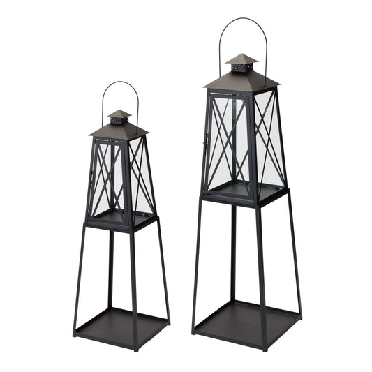Set of Two Black Distressed Ornate Iron Tabletop Lantern Candle Holders
