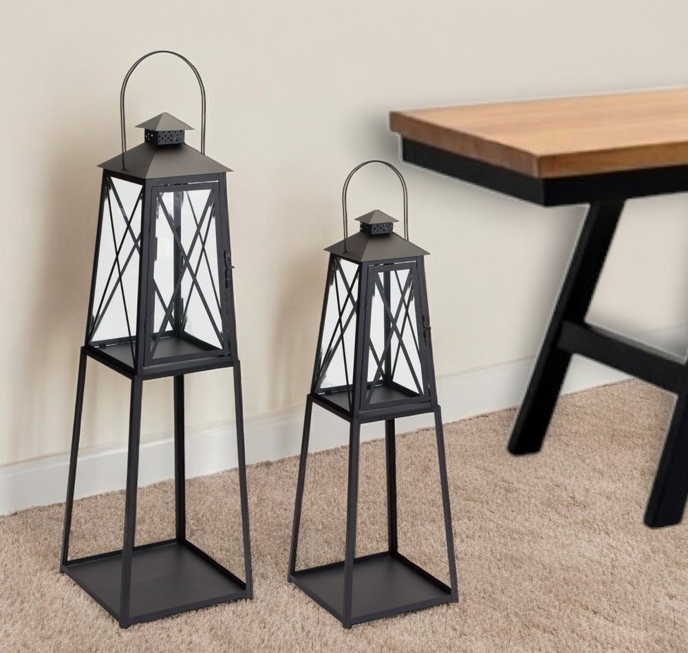 Set of Two Black Distressed Ornate Iron Tabletop Lantern Candle Holders