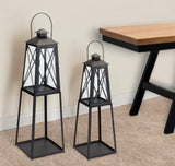 Set of Two Black Distressed Ornate Iron Tabletop Lantern Candle Holders