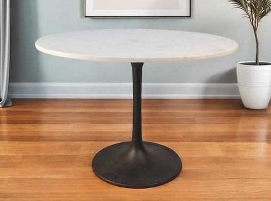 40" White And Black Rounded Marble And Iron Pedestal Base Dining Table