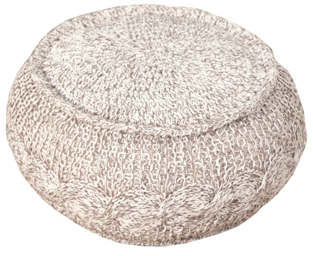 20" Beige Cotton Round Geometric Pouf Ottoman