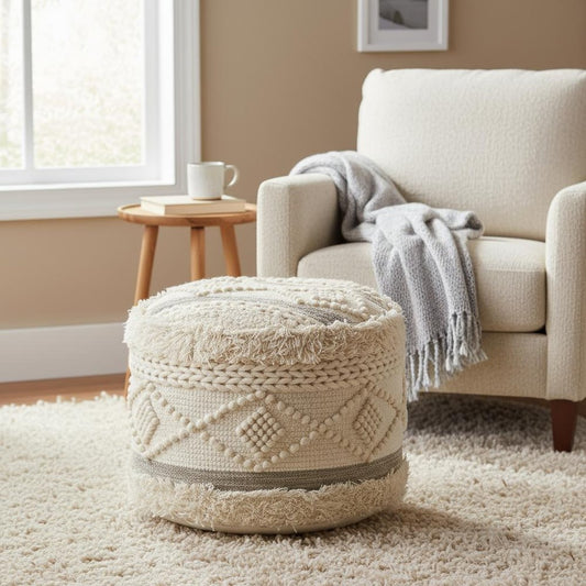 18" Cream Wool Cotton Blend Geometric Round Pouf Ottoman