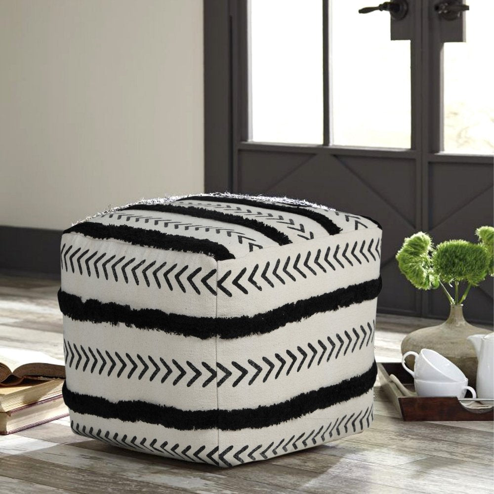 18" White Cotton Striped Pouf Ottoman