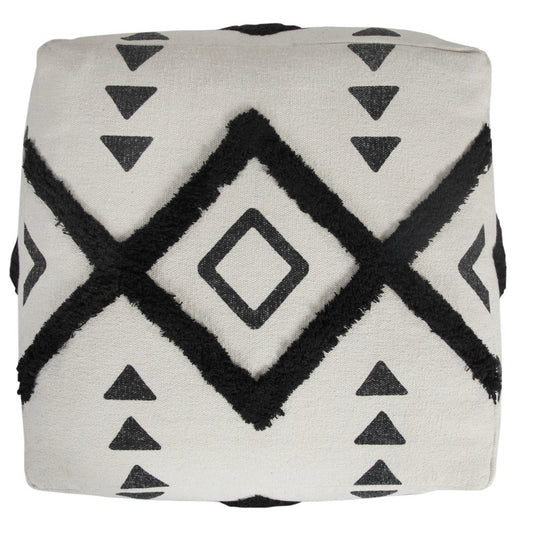 18" White Cotton Geometric Pouf Ottoman