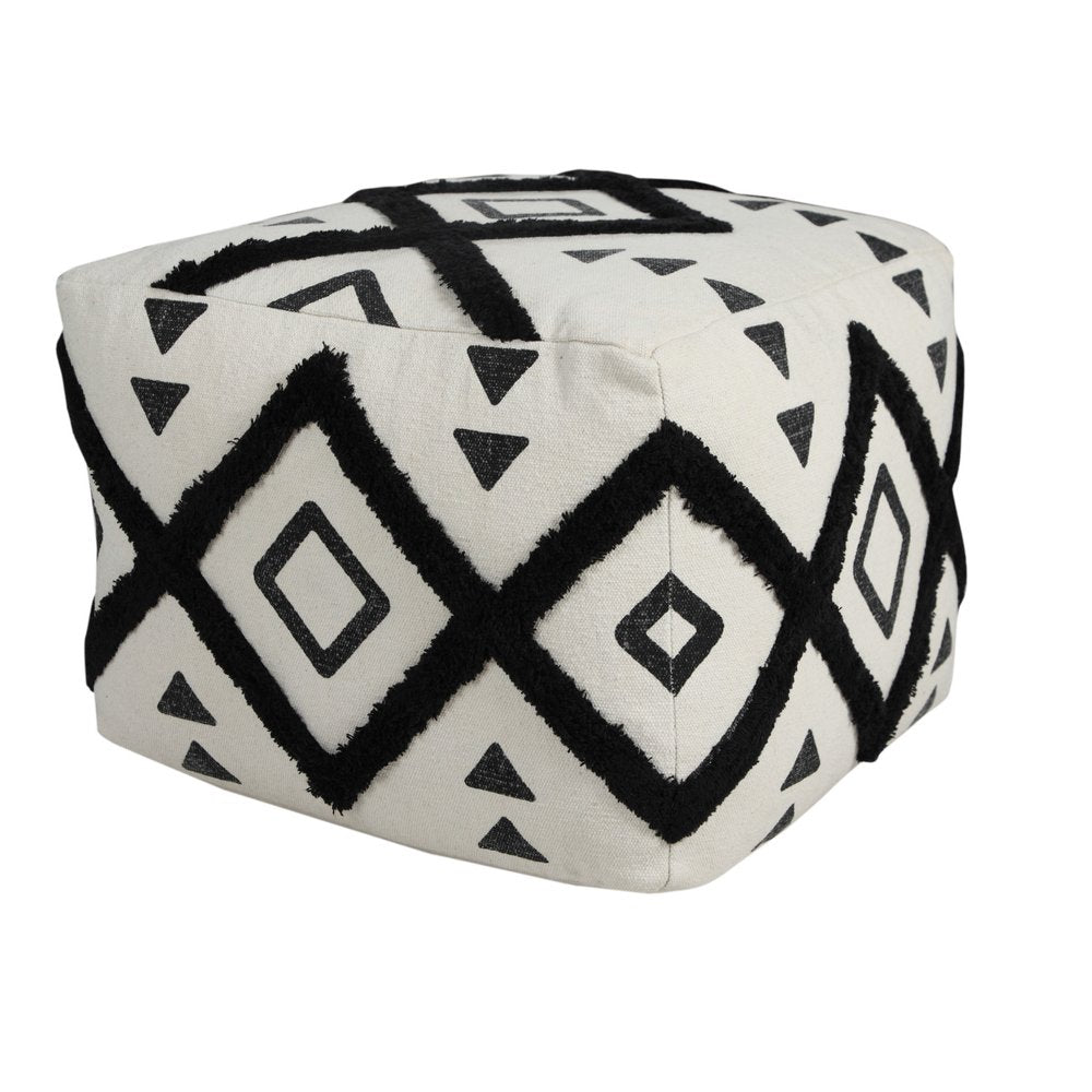 18" White Cotton Geometric Pouf Ottoman