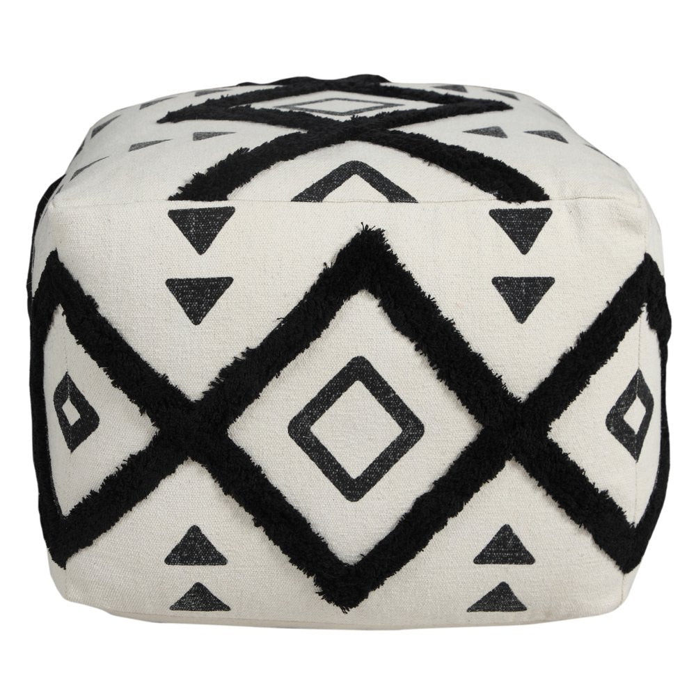 18" White Cotton Geometric Pouf Ottoman