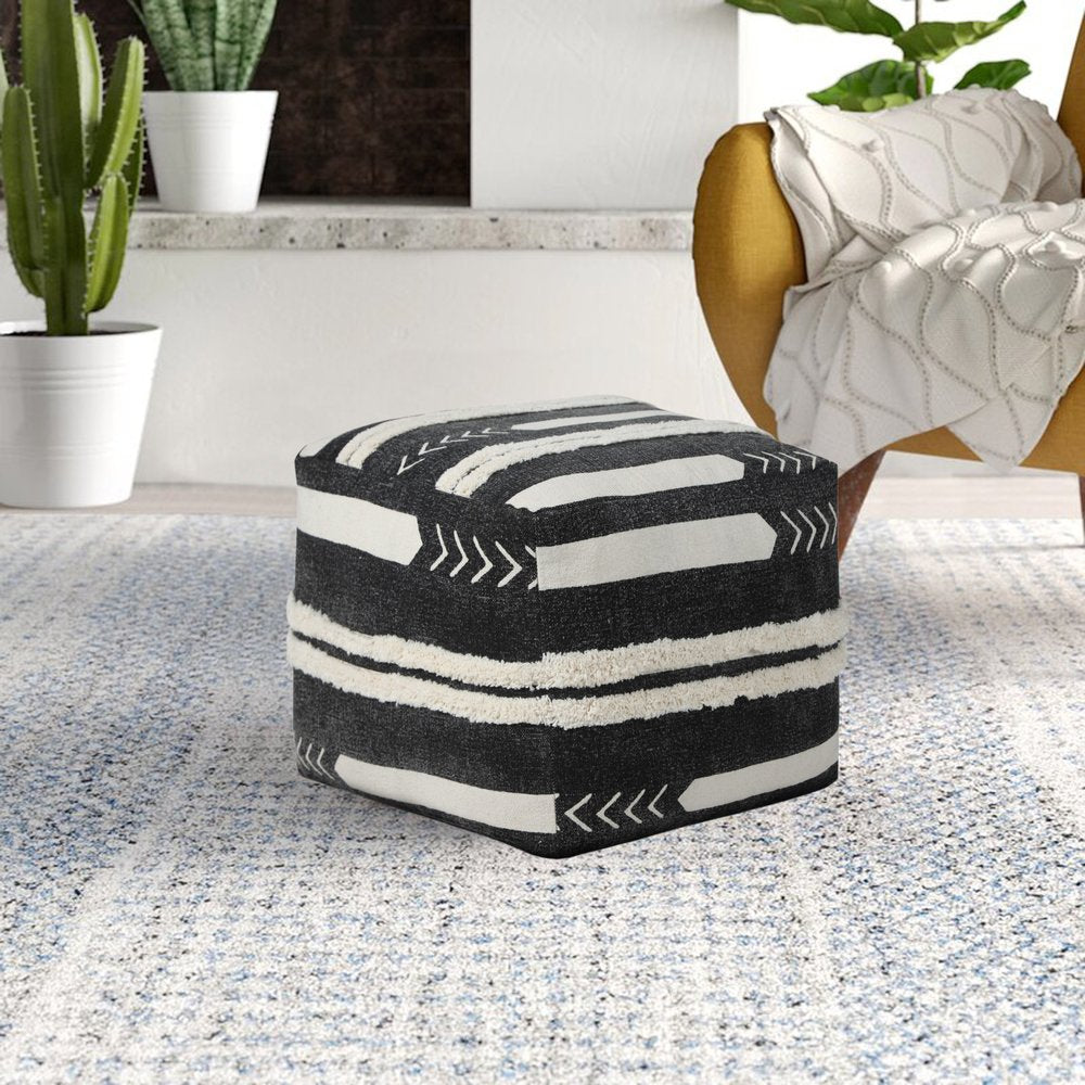 18" Black Cotton Geometric Pouf Ottoman