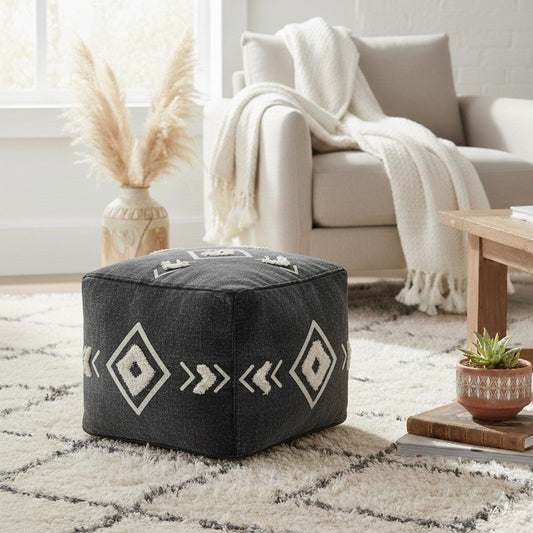 18" Black Cotton Geometric Pouf Ottoman