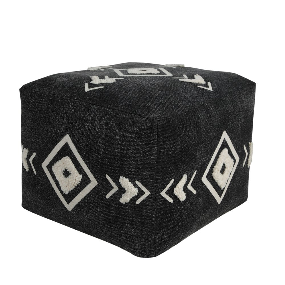 18" Black Cotton Geometric Pouf Ottoman