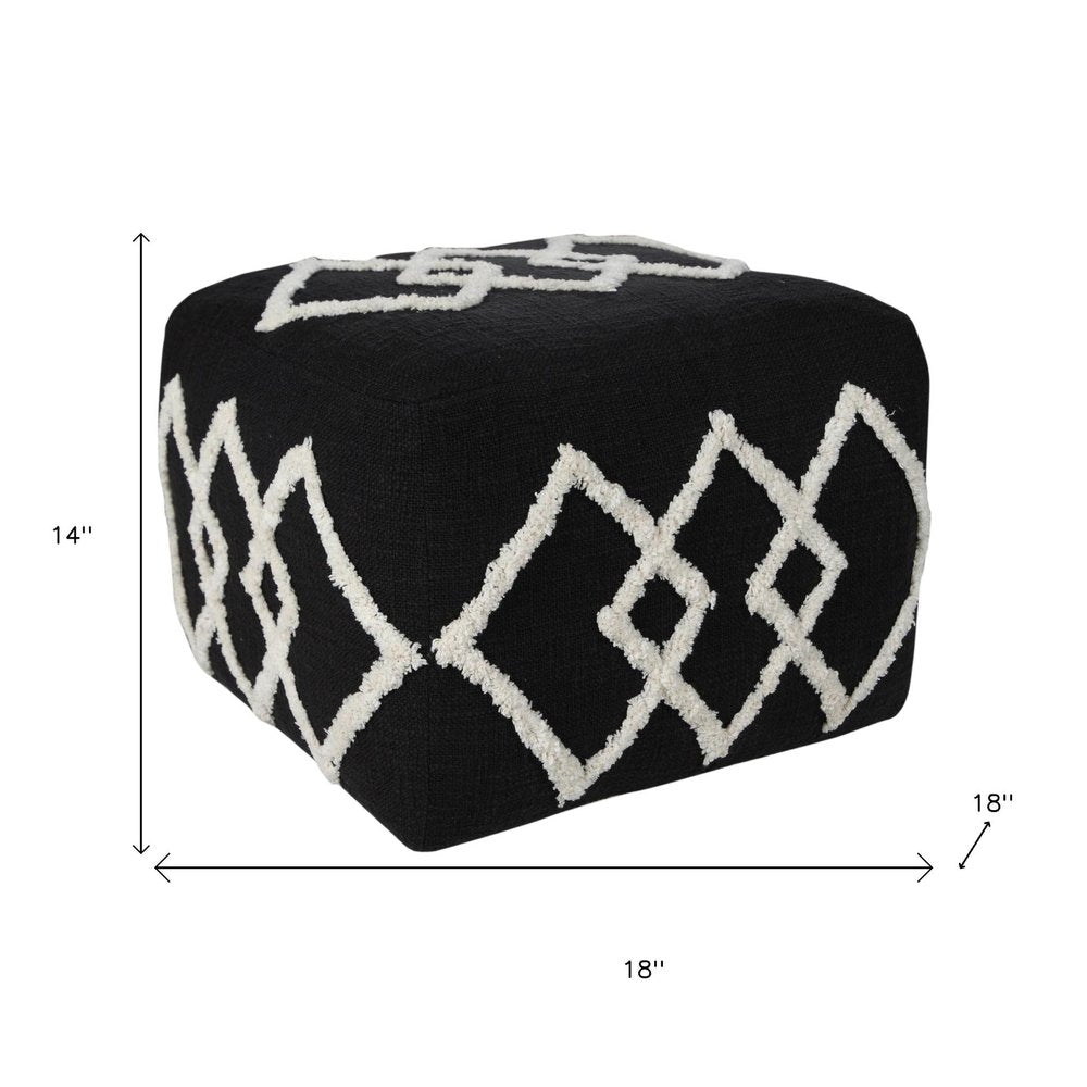 18" Black Cotton Geometric Pouf Ottoman