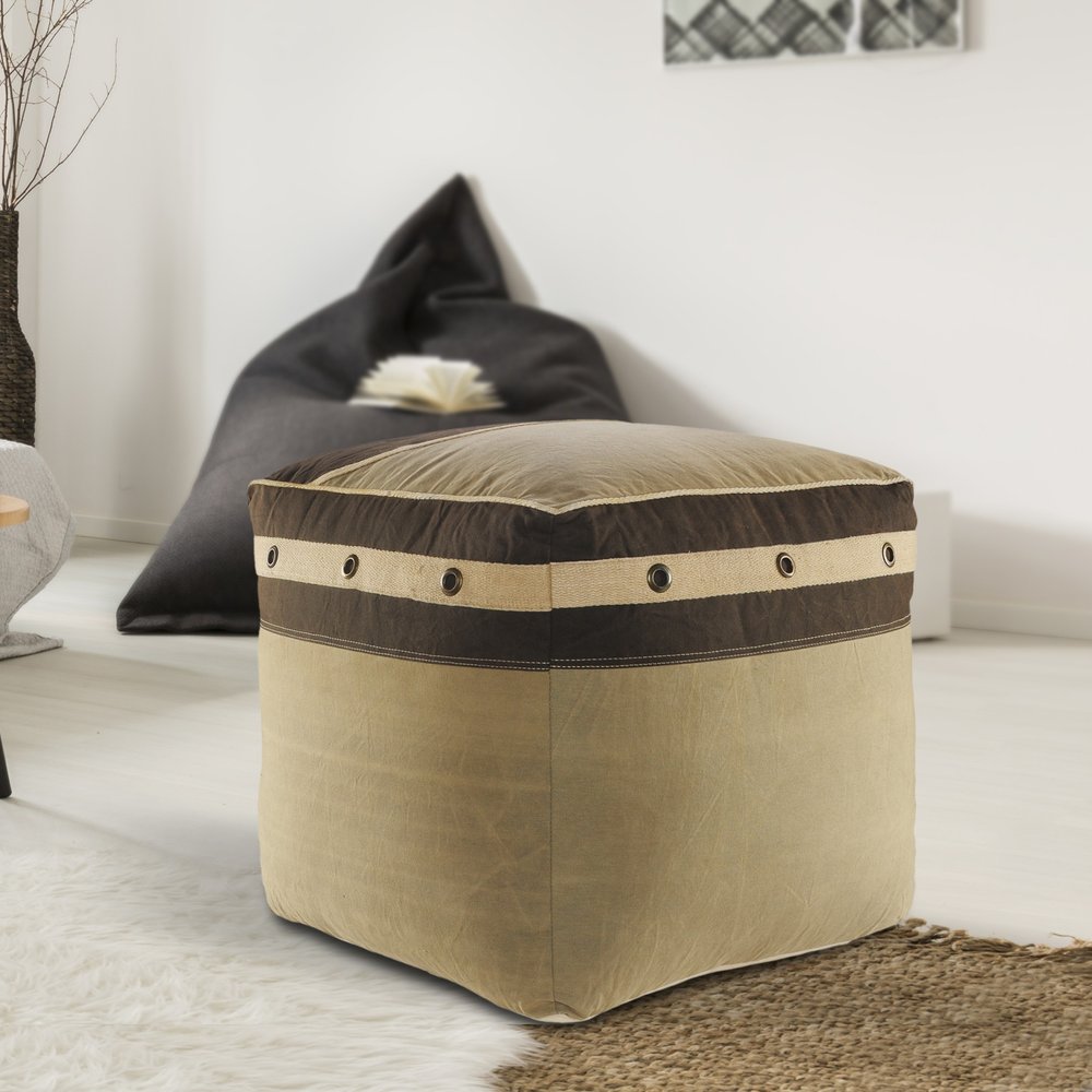 20" Brown Cotton Striped Pouf Ottoman