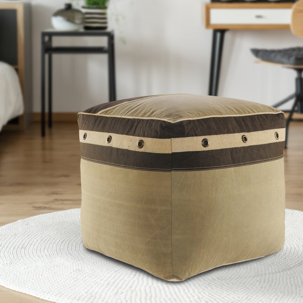20" Brown Cotton Striped Pouf Ottoman