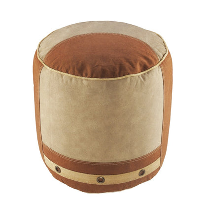 16" Tan Cotton Cylinder Striped Pouf Ottoman