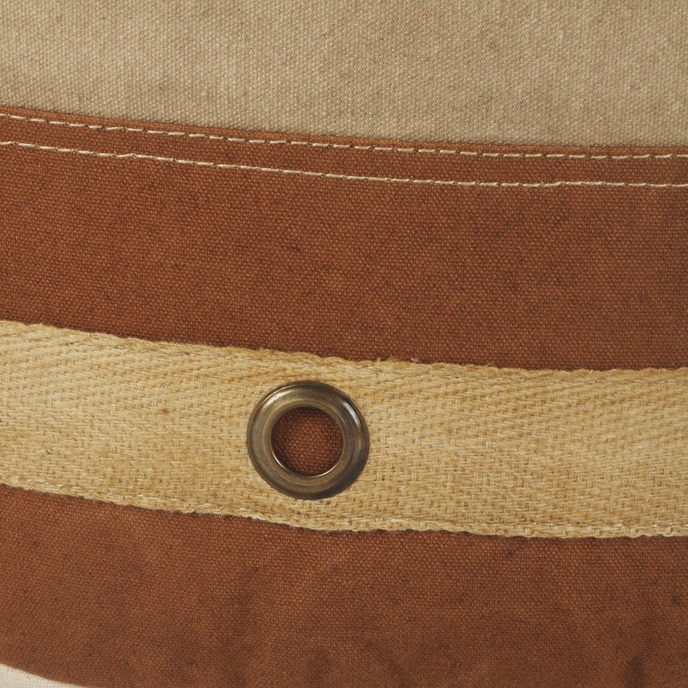 16" Tan Cotton Cylinder Striped Pouf Ottoman