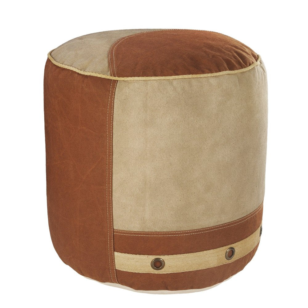 16" Tan Cotton Cylinder Striped Pouf Ottoman