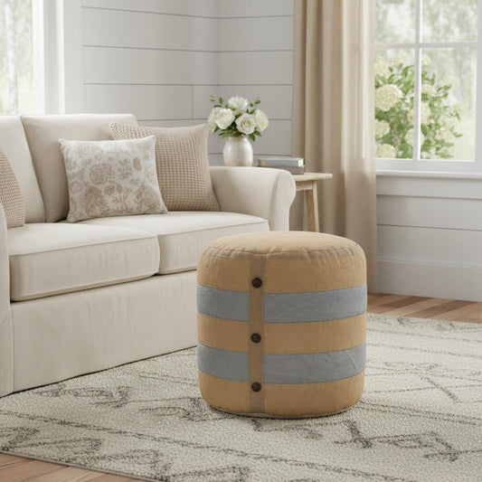 16" Tan Cotton Striped Cylinder Pouf Ottoman