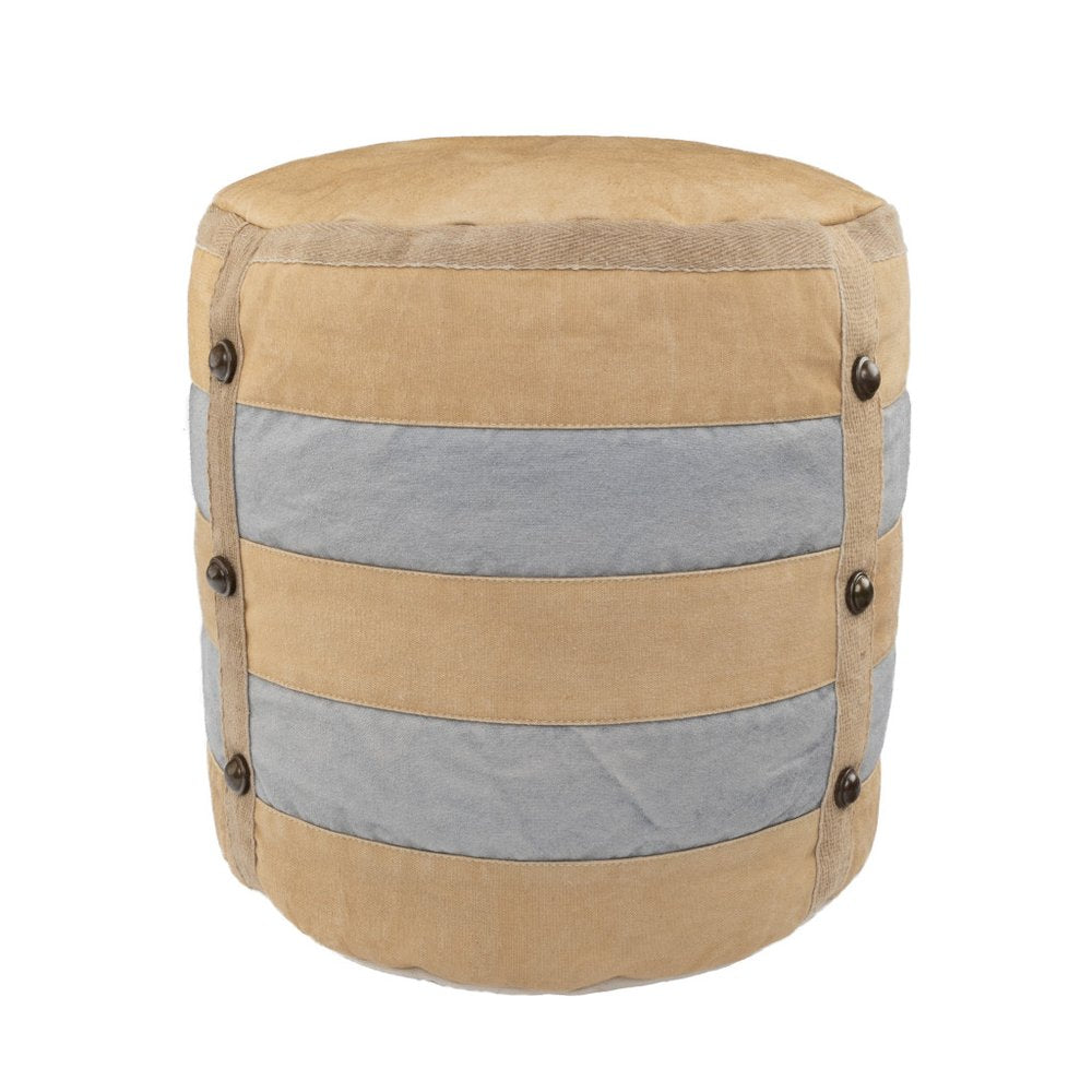 16" Tan Cotton Cylinder Striped Pouf Ottoman