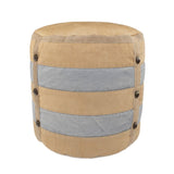 16" Tan Cotton Cylinder Striped Pouf Ottoman