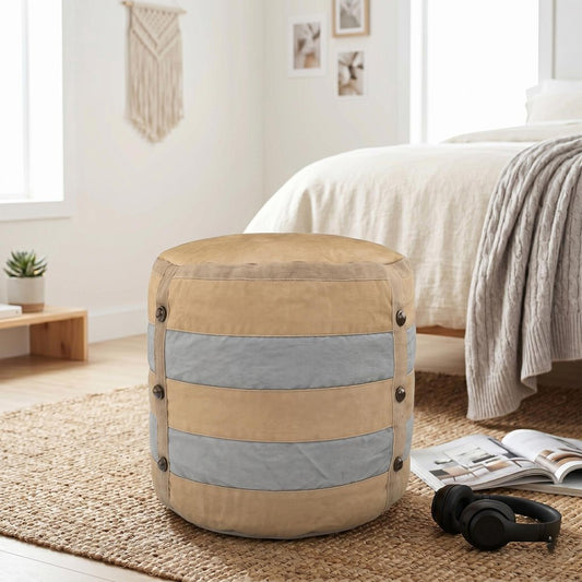 16" Tan Cotton Striped Cylinder Pouf Ottoman