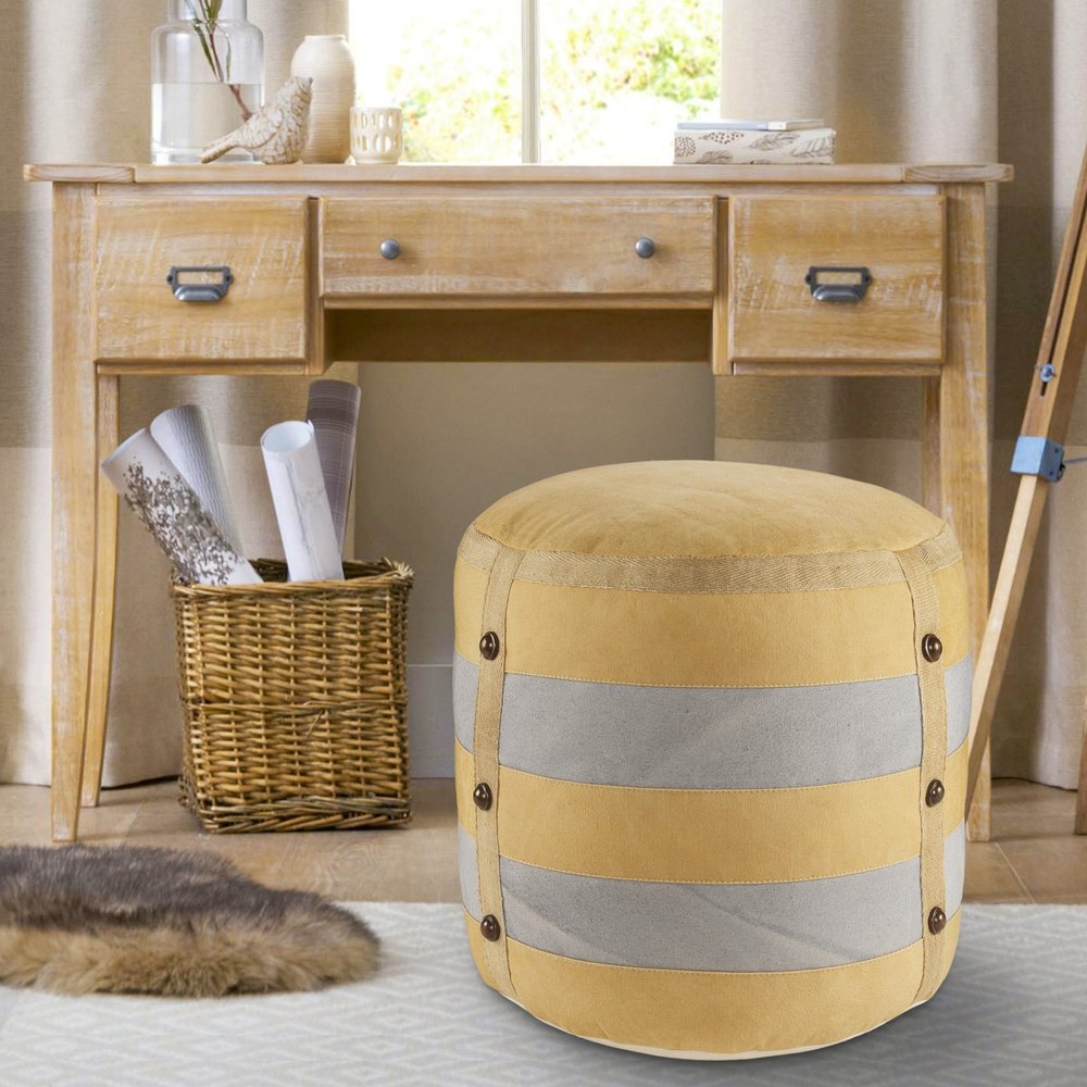16" Tan Cotton Cylinder Striped Pouf Ottoman