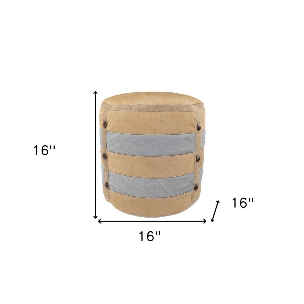 16" Tan Cotton Cylinder Striped Pouf Ottoman