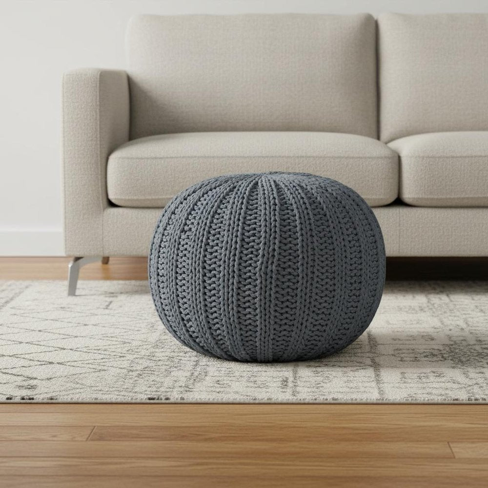 20" Beige Cotton Round Pouf Ottoman