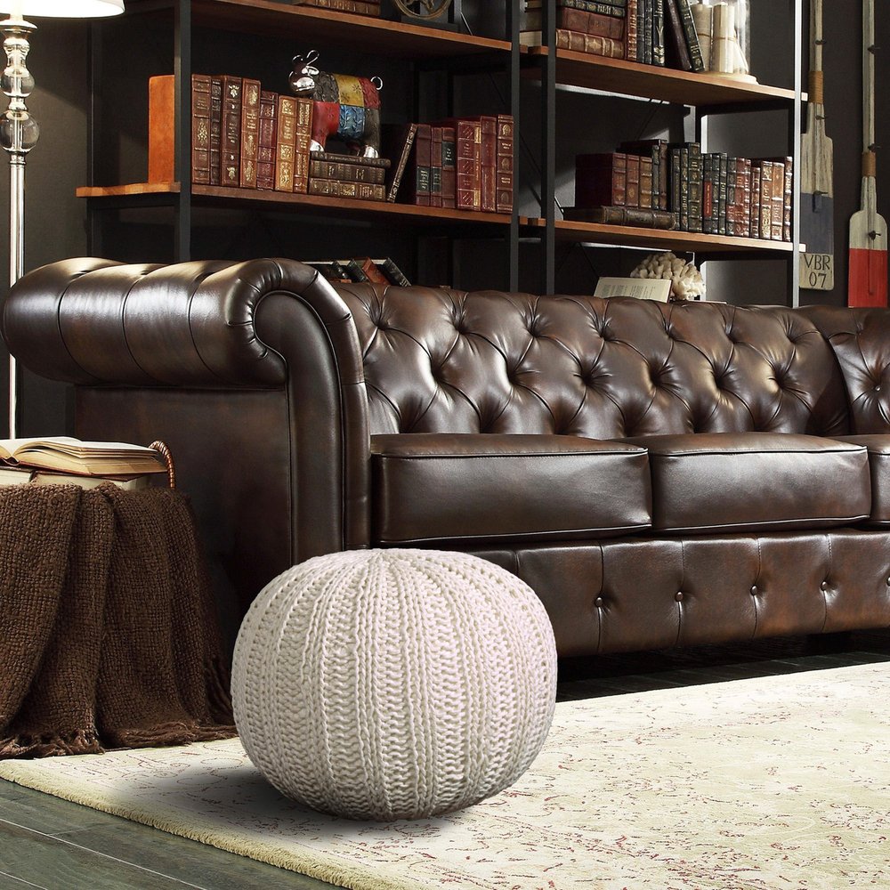 20" Beige Cotton Round Pouf Ottoman