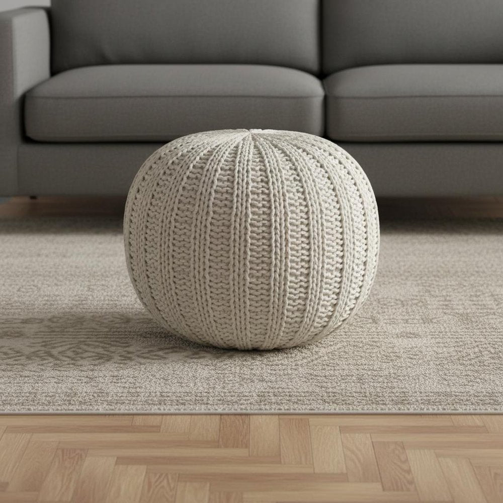 20" Beige Cotton Round Pouf Ottoman