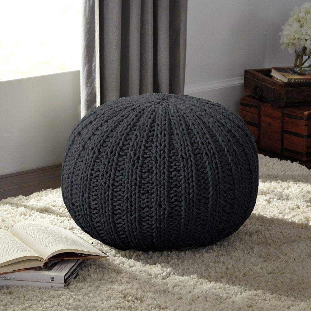 20" Beige Cotton Round Pouf Ottoman