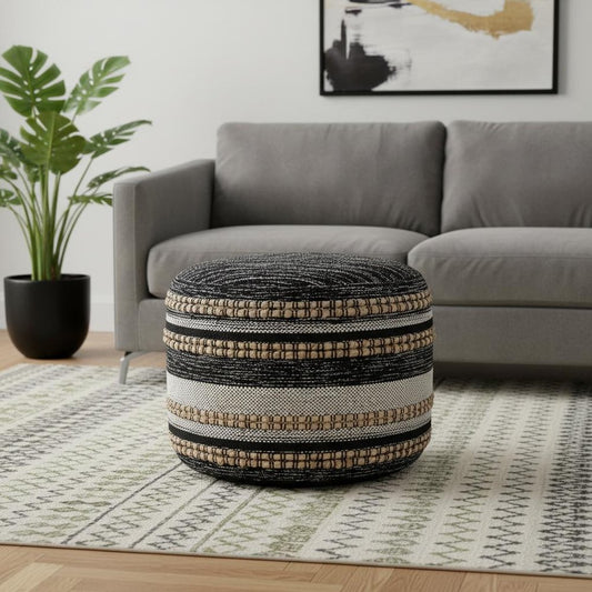 18" Black Striped Pouf Ottoman