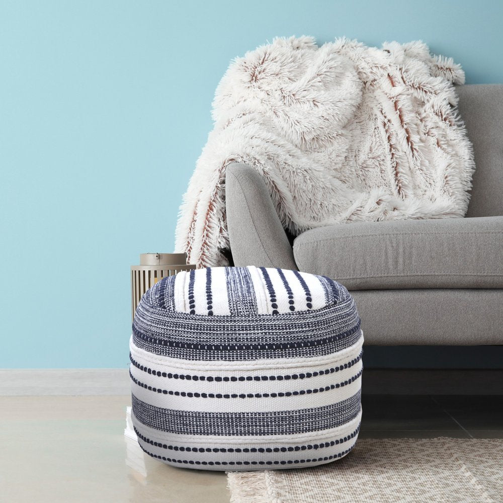 18" Blue Cotton Cylinder Striped Pouf Ottoman